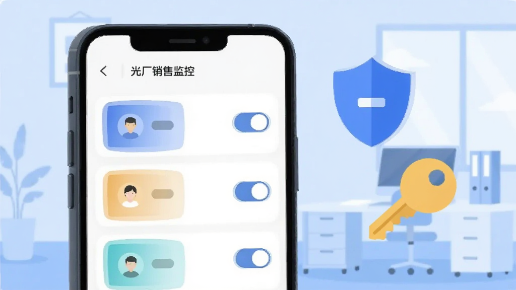 画面展示“光厂销售监控”的权限管理界面,一部手机屏幕内列出多个角色卡片与开关控件,旁边漂浮盾牌与钥匙图标,背景为浅蓝色办公场景,风格为扁平化信息图,布局清晰,画质干净,无多余元素