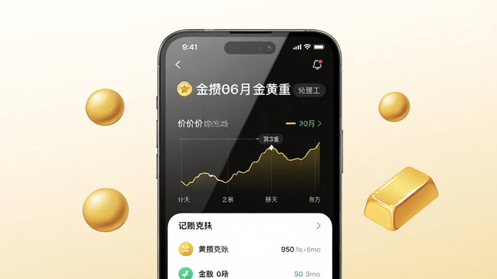 画面中央一部智能手机,屏幕显示金攒攒应用主界面,界面中有黄金克重数字、金价曲线图与记账列表,手机两侧漂浮金色金豆与金条图标,背景为浅米色渐变,整体布局居中对称,风格清新简洁,细节上屏幕反光自然、图标圆润,画质清晰干净,无多余元素