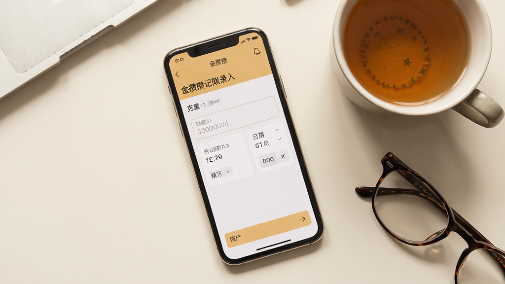 画面中央一部手机显示金攒攒记账录入界面,界面有克重输入框与日期选择器,手机旁边放着一杯茶和一副眼镜,布局为俯视桌面构图,风格生活化温馨,细节上界面元素清晰、光线柔和,画质干净,无多余元素