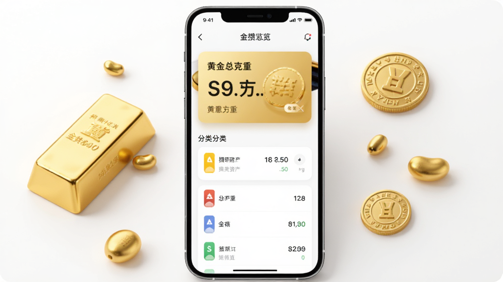 画面中央一部手机展示金攒攒资产总览页,页面有醒目的黄金总克重卡片与分类列表,手机周围环绕金条、金豆、金币等元素,布局为居中构图,风格现代简约,细节上卡片有柔和阴影、数字清晰,画质干净明亮,无多余元素