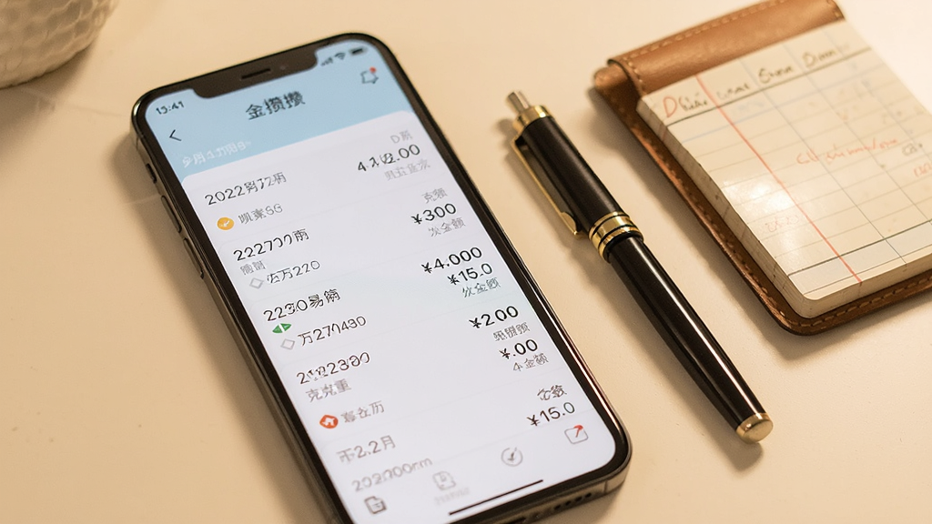 画面中央手机屏幕显示金攒攒交易流水列表,每条记录带有日期、克重与金额,手机旁放置一支笔和一个小账本,布局为左右平衡构图,风格温暖生活化,细节上列表条目整齐、字体清晰,画质干净,无多余元素