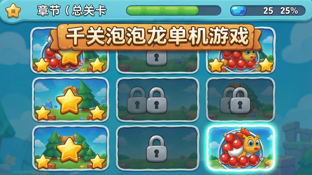 主体为千关泡泡龙单机游戏关卡选择界面,布局为九宫格关卡缩略图矩阵纵向排列,排版上顶部显示章节名称与总进度百分比,风格为清新卡通风,细节包括已通关关卡的金色星星标记、未解锁关卡的灰色锁形图标、当前关卡的呼吸光效高亮,画面中带有