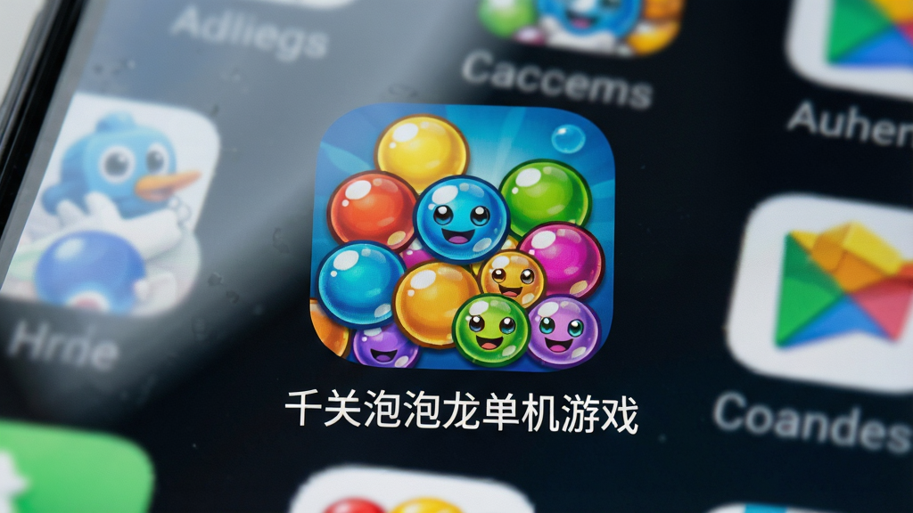 主体为千关泡泡龙单机游戏安装完成后的手机桌面图标特写,布局为手机屏幕居中展示应用图标与名称,排版上图标下方显示