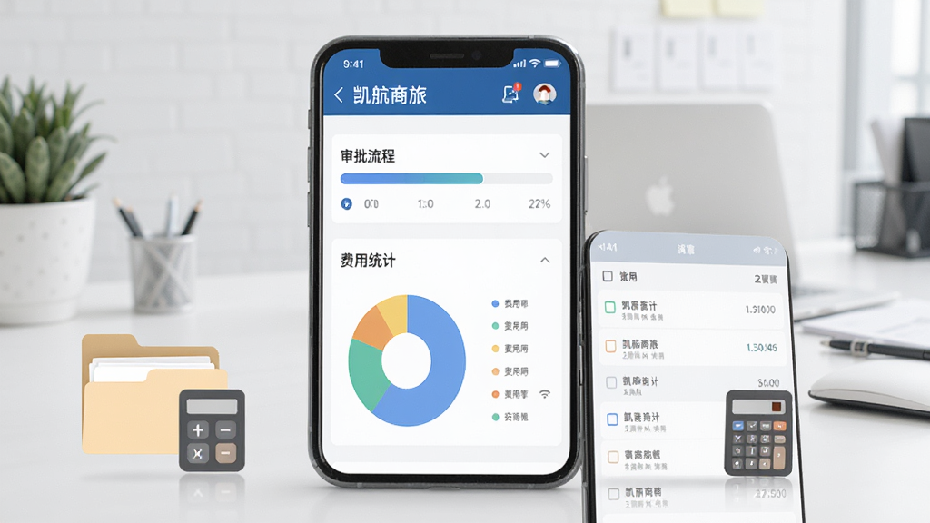 画面展示“凯航商旅”企业差旅管理界面,手机屏幕上方为审批流程进度条,下方为费用统计饼图与列表。手机旁放置文件夹与计算器图标,背景为浅灰白色办公场景风格,布局左中右结构,风格商务简约,细节清晰,画质干净整洁,无多余元素