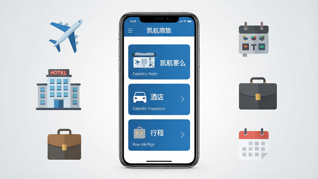 画面中央放置一部智能手机,屏幕显示“凯航商旅”应用主界面,界面包含机票、酒店、行程管理三个主要功能卡片,整体采用蓝白商务配色。手机两侧以扁平化图标形式环绕飞机、酒店建筑、公文包、日历等元素,背景为浅灰色渐变,布局居中对称,风格简洁现代商务,细节清晰,画质干净高清,无多余杂乱元素