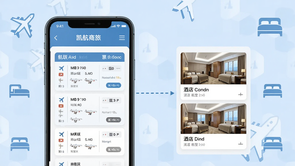 一部手机屏幕上显示“凯航商旅”机票与酒店并列的预订界面,左侧为航班列表卡片,右侧为酒店房型卡片,中间用虚线连接表示一站式整合。背景为浅蓝色商务风格,点缀简约的飞机与床铺图标,布局左右分栏清晰,风格扁平化现代,细节精致,画质干净明亮,无多余装饰元素