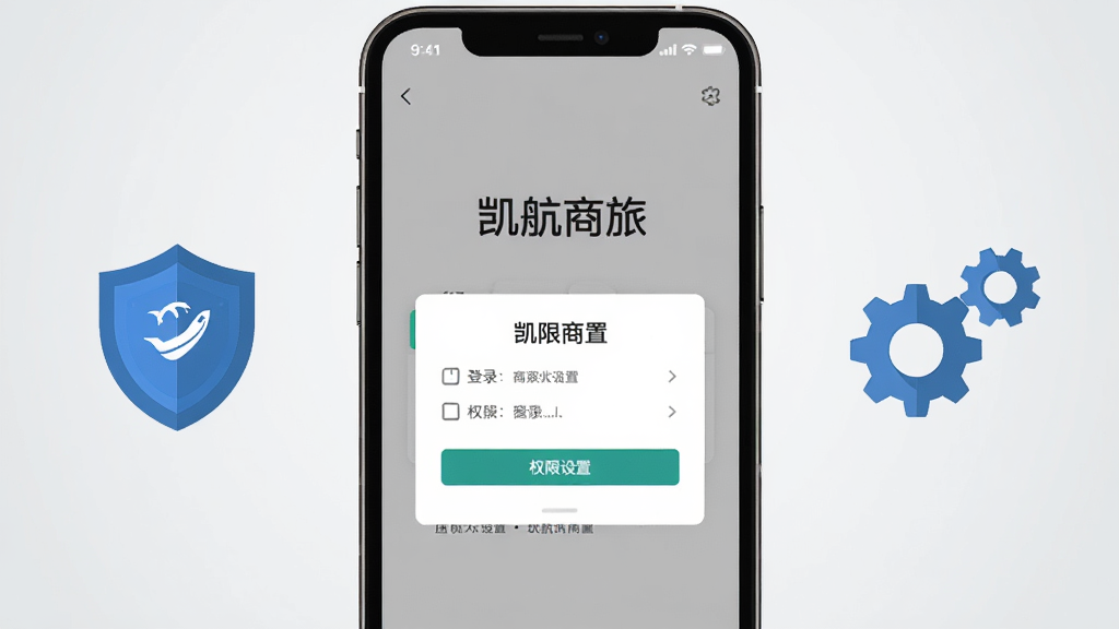 一部手机屏幕显示“凯航商旅”登录界面与权限设置弹窗,旁边放置盾牌与齿轮图标象征安全与设置。背景为浅灰色渐变,布局手机居中、图标两侧分布,风格扁平化科技感,细节清晰,画质干净高清,画面中文字为“凯航商旅”,无多余元素