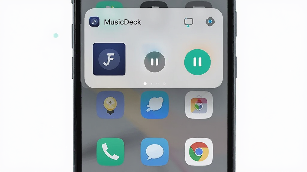画面主体是一部手机,屏幕顶部下拉出通知栏,通知栏中显示 MusicDeck 播放控制卡片,包含歌名、封面缩略图与播放暂停按钮;手机屏幕下半部分为桌面图标,布局为竖屏居中,风格为简洁扁平插画,细节包括半透明通知面板、圆角按钮、青绿色强调色;画质高清,干净,无多余装饰