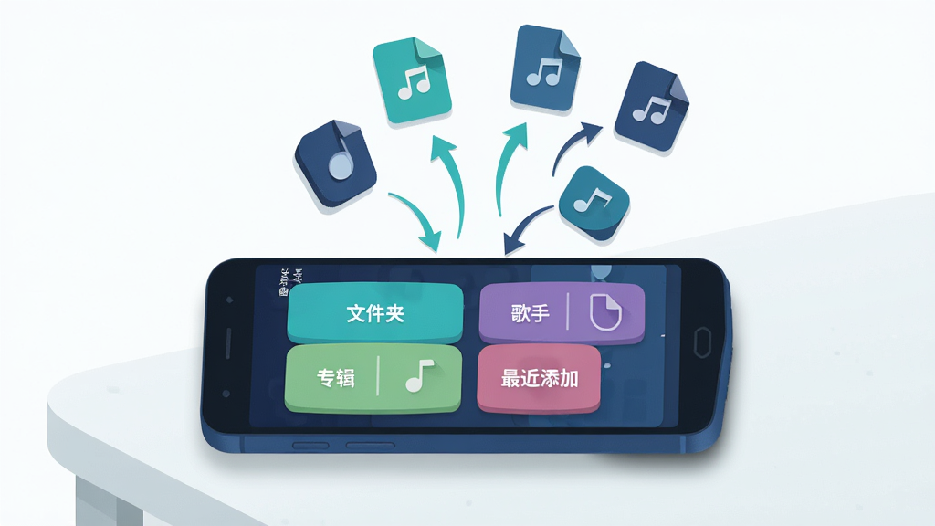 画面主体是一部安卓手机平放在桌面上,手机屏幕显示 MusicDeck 的曲库分类界面,包含「文件夹」「歌手」「专辑」「最近添加」四个彩色卡片入口;手机上方漂浮着多个音乐文件图标正沿着箭头方向飞入手机,象征自动扫描归集;布局为居中构图,风格为清新扁平插画,细节包括柔和的投影、青绿与深蓝配色、圆角卡片;画质高清,干净,无多余元素