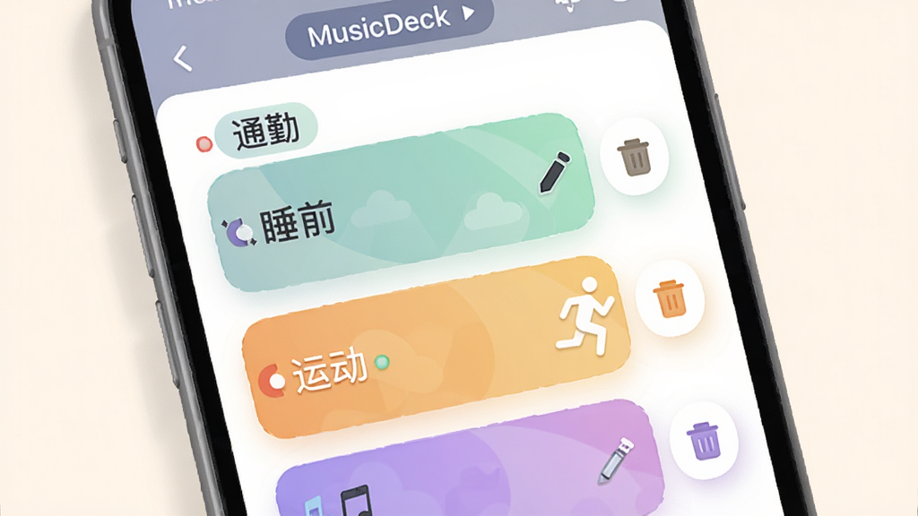 画面主体是一部手机,屏幕显示 MusicDeck 的播放列表管理页面,页面中有多个彩色歌单卡片,卡片上标注「通勤」「睡前」「运动」等文字,卡片右侧有编辑与删除图标;布局为纵向列表排版,风格为柔和圆角卡片式插画,细节包括浅色背景、彩色标签、简洁图标;画质高清,干净,无多余元素