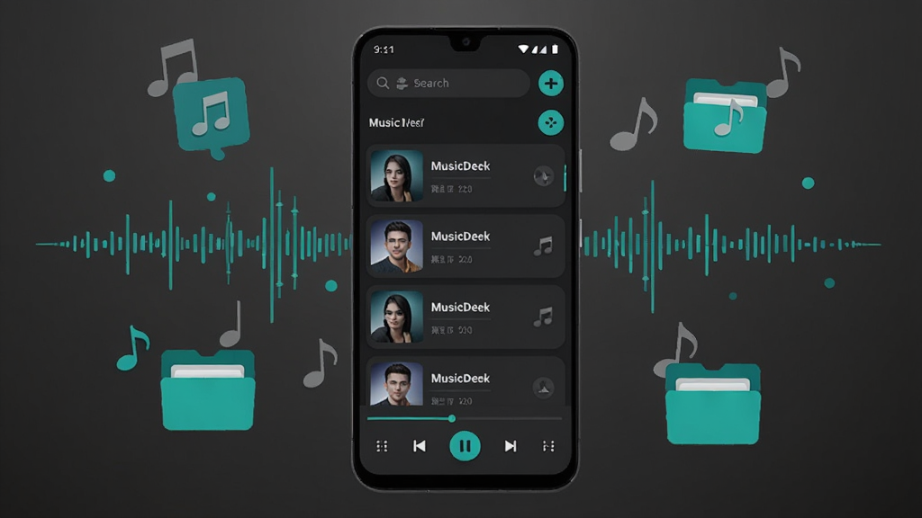 画面主体是一部竖屏安卓手机,屏幕中央显示 MusicDeck 应用主界面,界面布局为顶部搜索栏、中部歌曲列表、底部播放控制条,整体采用深色主题配青绿色点缀;手机周围环绕悬浮的音频波形、音符图标与文件夹图标,象征本地音乐扫描与曲库整理;背景为简洁的深灰渐变,风格为现代科技感扁平插画,细节包括圆角卡片、清晰的列表分隔线、播放进度条;画质高清,干净整洁,无多余装饰元素
