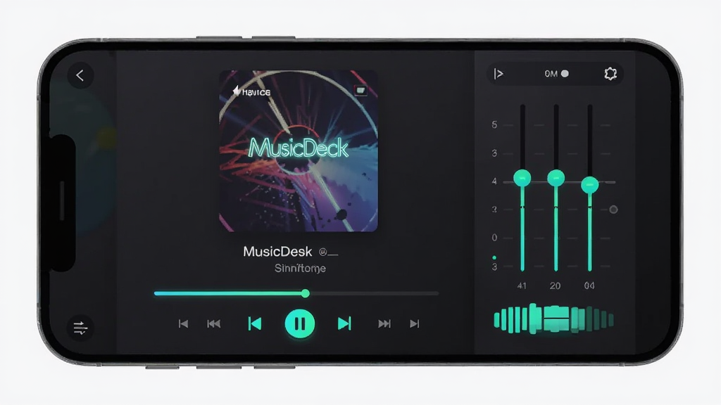 画面主体是一部横屏手机,屏幕显示 MusicDeck 播放界面,中央为大尺寸专辑封面,下方为歌名、歌手名、进度条与播放控制按钮,界面右侧有均衡器滑块面板;布局为左右分栏,风格为现代深色 UI 插画,细节包括发光的进度条、频谱跳动动画、青绿色高亮按钮;画质高清,干净,无多余装饰