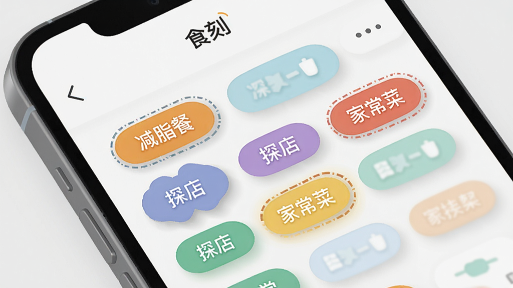 画面为手机屏幕特写,屏幕内展示“食刻”应用的标签管理页面,多个彩色标签胶囊整齐排列,标签文字包括“减脂餐”“探店”“家常菜”,背景为浅灰白色,风格为现代扁平UI插画,细节包括标签阴影与选中状态描边,画质清晰,干净利落