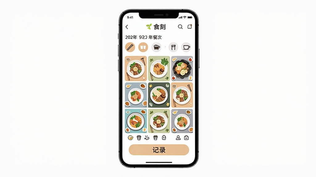 画面中央是一部竖屏手机,屏幕内展示“食刻”应用的主界面,上方有日期与餐次标签,中部为九宫格美食照片墙,下方为记录按钮,整体布局简洁对称,风格为清新明亮的扁平化插画,细节包括餐盘、筷子、咖啡杯等小图标点缀,画质清晰干净,无多余元素