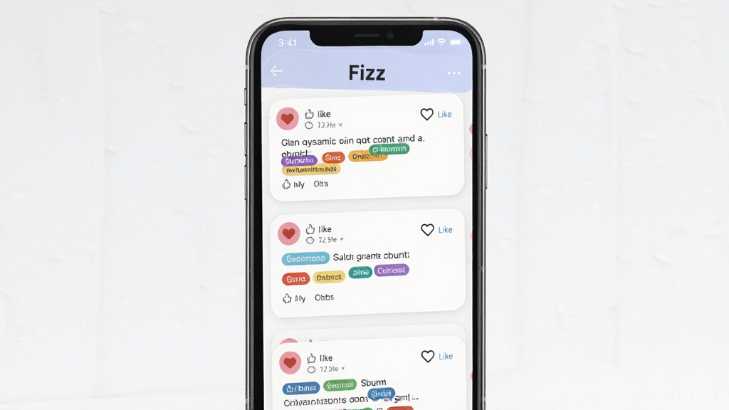 一张展示Fizz动态广场页面的手机界面图,主体为手机屏幕上的信息流卡片列表,布局为纵向滚动式排版,风格清新明快,细节包括卡片圆角、点赞图标和标签色块,画质干净,画面中带有“Fizz”文字标识