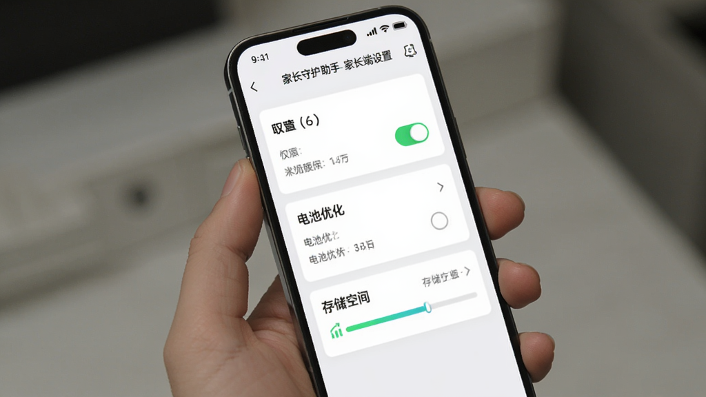 画面主体是手机屏幕显示家长守护助手-家长端设置页面,布局为纵向列表排列,排版清晰,风格为简洁白色卡片式设计,细节包含权限开关按钮、电池优化选项、存储空间进度条,画质干净高清无多余元素
