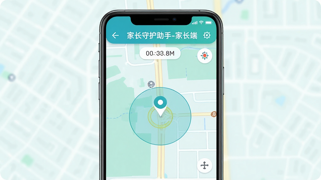 画面主体是手机屏幕显示地图界面,地图上有一个定位标记,布局为全屏地图上方悬浮家长守护助手-家长端标题栏,排版简洁,风格为清新地图蓝绿色调,细节包含定位图标、安全区域范围圈、时间戳,画质高清干净无多余元素