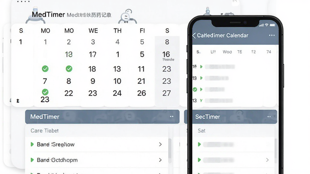 主体为MedTimer服药历史记录页面,布局为日历视图与记录列表上下排列,排版清晰有序,风格为简约商务风移动端界面,细节包含绿色对勾标记与日期数字,画质干净高清无多余元素