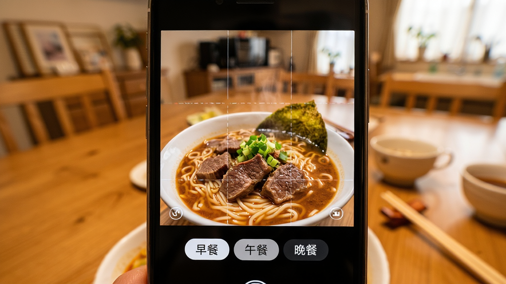 食刻拍照记录功能展示,手机屏幕显示相机取景框对准一碗热腾腾的牛肉面,取景框下方有“早餐”“午餐”“晚餐”的标签按钮,画面采用暖色调,背景是温馨的家庭餐厅,近景特写构图,生活化摄影风格,细节清晰,画质干净,无多余元素