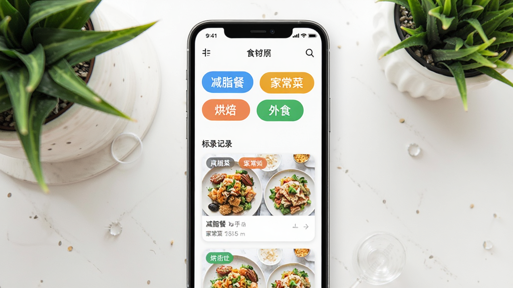 食刻标签分类界面展示,手机屏幕显示多个彩色标签胶囊排列,标签文字包括“减脂餐”“家常菜”“烘焙”“外食”,下方是带标签的美食记录卡片列表,界面清新浅色风格,背景为白色桌面配绿植,平铺俯拍构图,细节丰富,画质干净
