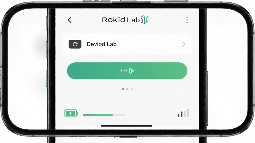 主体是一部手机屏幕显示“Rokid Lab”应用界面,布局为界面居中放大展示,排版为上下结构,风格为简洁UI展示图,细节包括设备列表、连接按钮、电量图标、信号强度条,画质高清干净,无多余元素