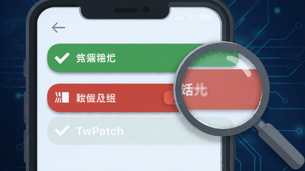 һ���ֻ���Ļ��д����Ļ��ʾ TwPatch ����־�������棬����������ɫ�ɹ���ʾ�����ɫʧ����ʾ������չʾ���Ա��зŴ�ͼ��ͻ��ϸ�ڣ�����Ϊ����ɫ�Ƽ��н��䣬���Ϊ��ƽ�� UI �廭��ϸ�ڰ�����ʾ����Բ������Ӱ�������������ɾ����޶���Ԫ��