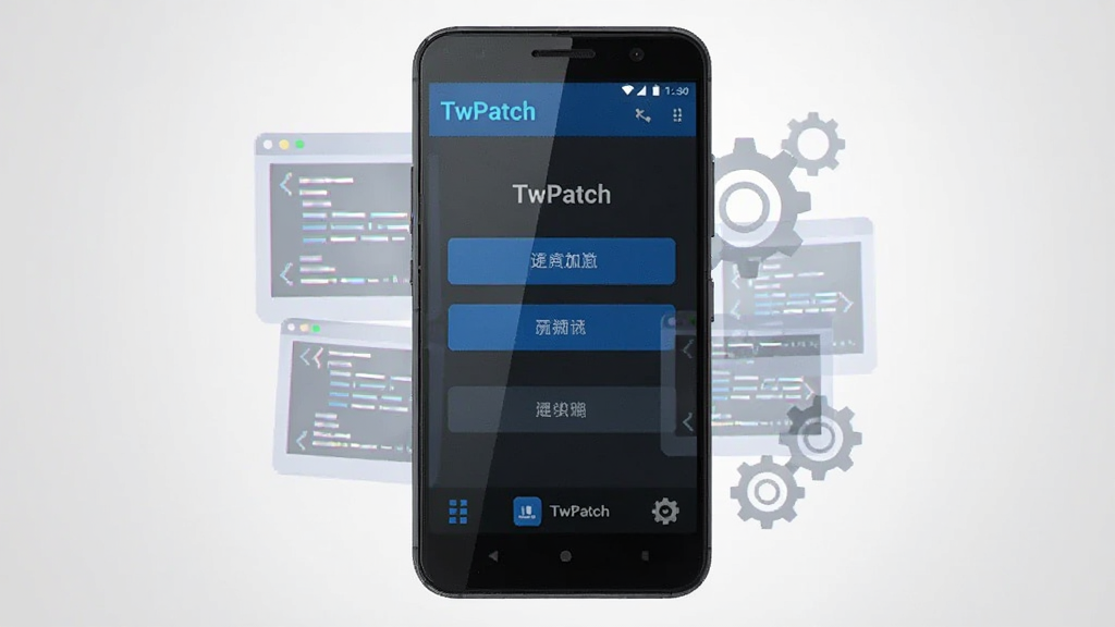 �����������һ����׿�ֻ����ֻ���Ļ����ʾ TwPatch Ӧ�õ������棬����Ϊ��ɫ��������ɫ������ť���ֻ���Χ�����Ű�͸���Ĵ���Ƭ�������ͼ�꣬����Ϊ�ɾ���ǳ��ɫ���䣬������Ϊ�Ƽ��б�ƽ�廭��ϸ�ڰ����ֻ��߿�ĸ߹⡢����Ԫ�ص�������Σ������������ɾ����޶���Ԫ��