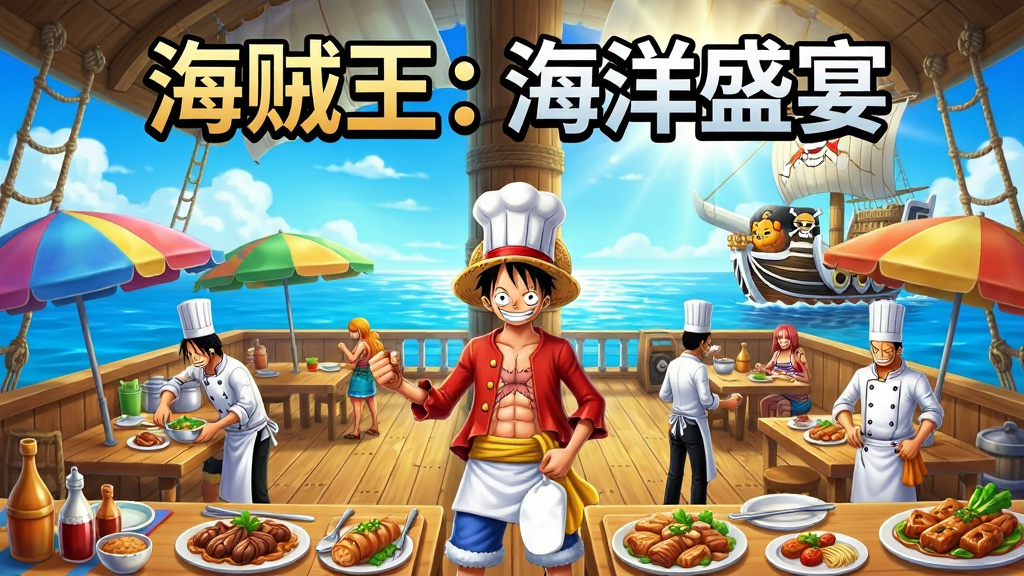 一张以海贼王为主题的手机游戏宣传图,画面主体为阳光明媚的海上餐厅,路飞和伙伴们穿着厨师服在餐厅忙碌,背景是蔚蓝大海和万里阳光号,布局采用中心对称构图,排版将游戏名称