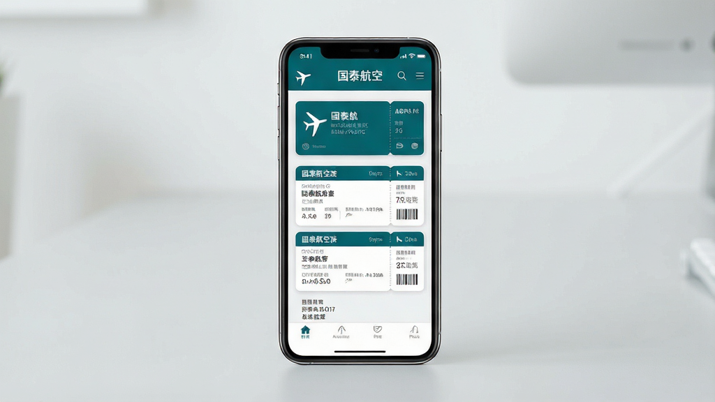 一张展示国泰航空手机应用界面的场景图,主体为一部竖屏智能手机居中放置在浅灰色台面上,屏幕内显示航空订票与航班动态卡片式界面,布局上下分层、信息清晰,排版采用现代扁平化风格,细节包含飞机图标、登机牌元素与蓝色主色调,画质高清干净,背景简洁无多余元素,图片中可出现文字“国泰航空”