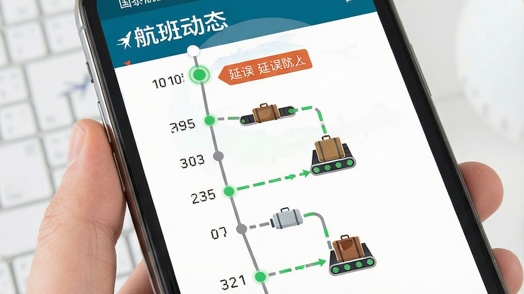 一张展示航班动态与行李追踪功能的界面图,主体为手机屏幕显示航班状态时间轴与行李图标路径,布局纵向时间线排列,风格为信息图表风,细节包含延误提示标签、行李传送带图标与绿色状态点,画质清晰干净,图片中可出现文字“国泰航空”与“航班动态”