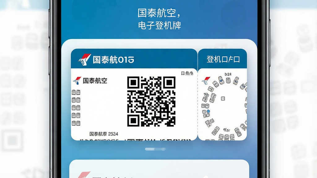 一张展示电子登机牌与选座功能的手机界面图,主体为手机屏幕中央显示登机牌二维码卡片,布局上下分区、卡片式排列,排版简洁明快,风格为现代航空科技感,细节包含座位分布小图、登机口信息与蓝色渐变背景,画质高清干净,图片中可出现文字“国泰航空”与“电子登机牌”