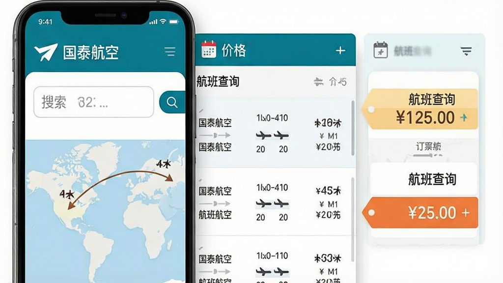 一张表现航班查询与订票流程的界面示意图,主体为手机屏幕特写,布局从左至右呈现搜索框、航班列表、价格标签三个层次,排版整齐有序,风格为清爽商务风,细节包含航线地图线条、日历图标与价格高亮,画质清晰干净,图片中可出现文字“国泰航空”与“航班查询”