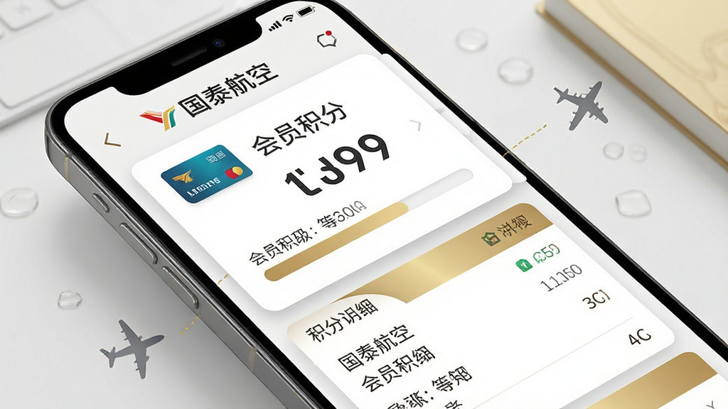 一张表现航空会员积分管理界面的示意图,主体为手机屏幕展示里程数字与等级进度条,布局采用卡片堆叠式排版,风格为轻奢商务风,细节包含会员卡图标、积分明细列表与金色点缀,画质高清干净,图片中可出现文字“国泰航空”与“会员积分”