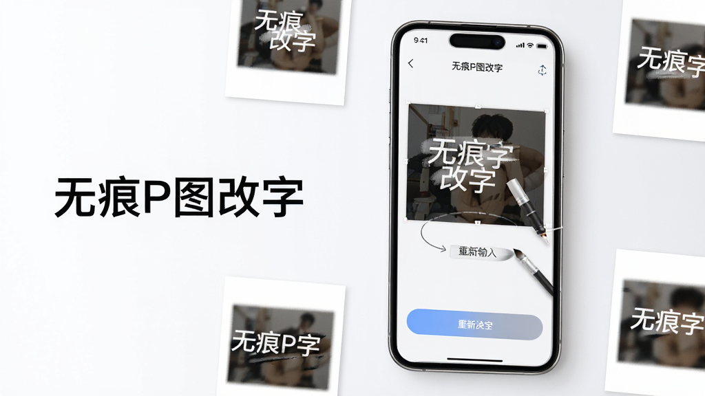 画面中央展示一部智能手机,手机屏幕内显示“无痕P图改字”软件的操作界面,界面中有图片文字涂抹和重新输入的过程示意,手机周围摆放着几张小尺寸的截图图片,图片上有被修改过的文字区域,整体布局为横向构图,手机位于画面中心偏右,左侧留白区域放置软件名称文字“无痕P图改字”,风格为清爽现代的数码产品展示风,细节包括手机边框的高光、界面按钮的圆角设计、涂抹笔刷的轨迹线条,画质清晰锐利,背景干净无多余元素