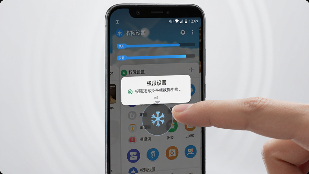 主体是一部安卓手机与一只手正在点击屏幕上的冻结按钮,布局为手机居中、手指从右侧伸入画面,排版背景为浅灰色渐变,风格为写实科技风,细节包含屏幕上的应用列表、蓝色冻结进度条与权限弹窗提示,画面中打文字“权限设置”,画质清晰干净,无多余元素