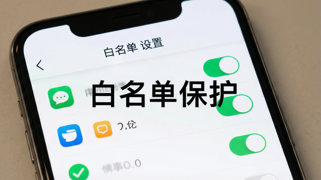 主体是手机界面中的白名单设置页面,布局为顶部标题栏加下方应用勾选列表,排版清晰分区,风格为浅色简约商务风,细节包含绿色对勾图标、应用图标与开关控件,画面中打文字“白名单保护”,画质清晰干净,无多余元素