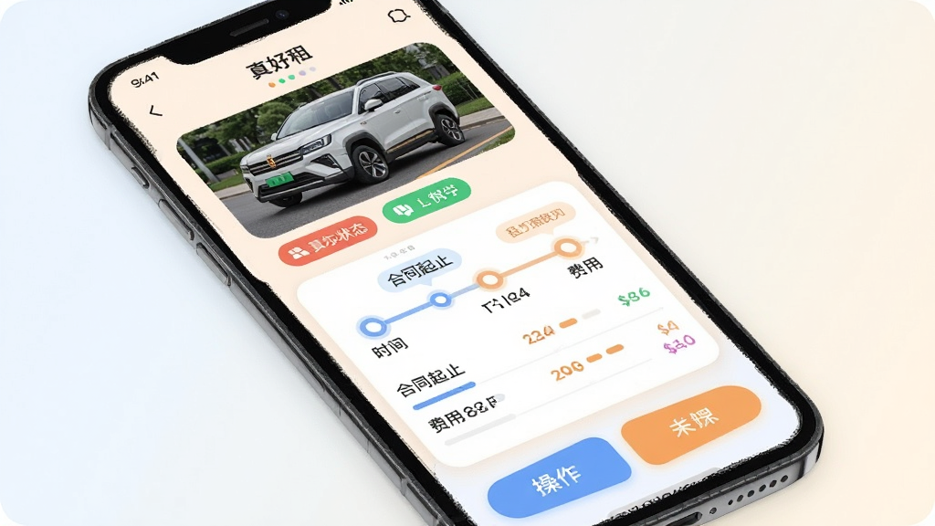 手机屏幕显示“真好租”租约详情页,页面顶部为车辆照片与状态标签,中部为时间轴展示合同起止与费用条目,底部为操作按钮,背景为浅色渐变,布局为上下结构,风格柔和圆角,细节上突出时间轴节点与图标配色,画质清晰,画面干净,无多余元素