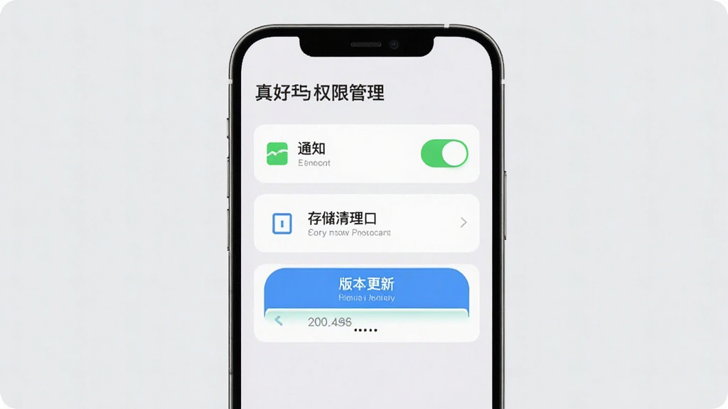 手机屏幕展示“真好租”设置与权限管理界面,包含通知开关、存储清理入口与版本更新按钮,背景为浅色,布局为纵向列表,风格浅灰质感,细节上突出开关状态与图标配色,画质清晰,画面干净,无多余元素