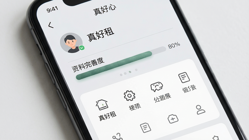 手机屏幕显示“真好租”个人中心页,顶部为头像与姓名区域,下方为资料完善度进度条与多个功能入口图标,背景为浅灰与白色组合,布局为上下结构,风格素雅极简,细节上突出进度条质感与图标线性风格,画质清晰,画面干净,无多余元素