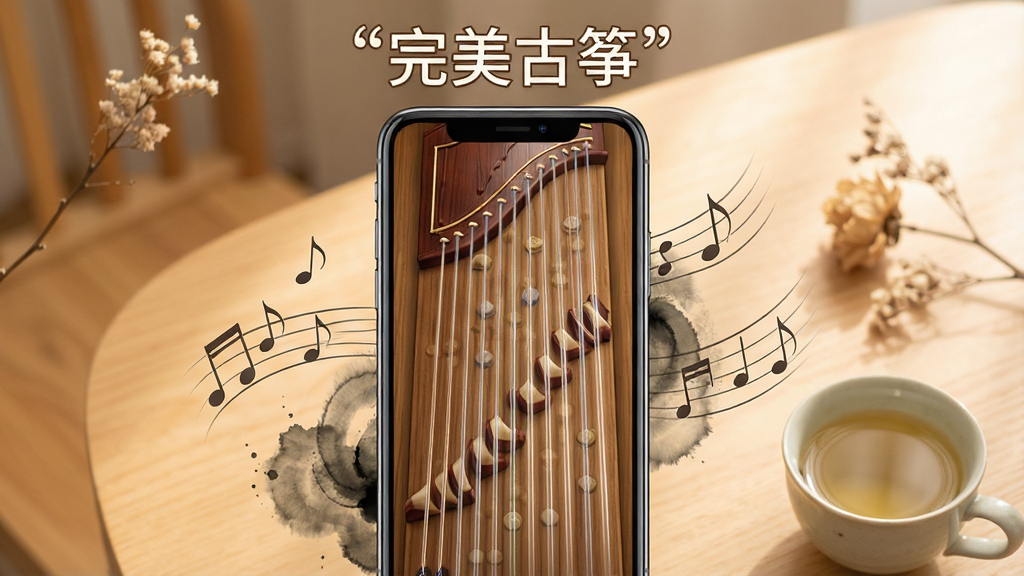 一张展示完美古筝应用界面的手机场景图,画面中央是一部竖屏智能手机,屏幕上显示着仿真实木纹理的古筝琴弦界面,二十一弦整齐排列,琴弦呈现半透明质感并带有轻微光泽,手机两侧有漂浮的古筝音符与淡雅的水墨纹理装饰,背景为柔和暖光下的木质桌面,桌面一角放着一杯清茶与一枝干花,整体风格清新雅致,细节丰富,画质清晰,干净无多余元素,图片上方用引号标注文字“完美古筝”。