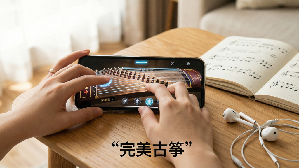 一张展示在手机上使用完美古筝弹奏的场景图,画面主体为一双年轻女性的手正以指腹轻触手机屏幕上的古筝琴弦界面,手机横放在木质桌面上,屏幕中琴弦呈现高亮反馈,画面右侧有一副白色有线耳机与一本打开的笔记本,笔记本上写有简单的音符笔记,背景为柔和自然光下的室内环境,整体色调温暖明亮,风格生活化且富有亲和力,细节清晰,画质干净,图片下方用引号标注文字“完美古筝”。