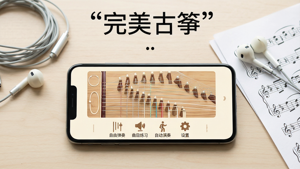 一张展示完美古筝简洁操作界面的示意图,画面为一部平放在桌面上的手机,屏幕显示古筝琴弦主界面,琴弦区域占据屏幕中央大部分面积,屏幕底部有四个简洁的功能图标按钮,分别代表自由弹奏、曲目练习、自动演奏与设置,界面配色以米白与浅木色为主,风格素雅清新,手机旁边放着一副有线耳机与一张乐谱纸,整体布局干净有序,画质清晰,图片上方用引号标注文字“完美古筝”。