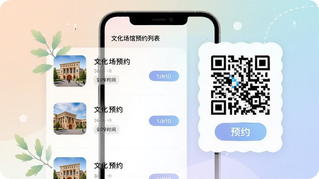 主体为手机屏幕展示文化场馆预约列表与二维码凭证,布局为左右分栏排版,风格为柔和渐变商务插画,细节包含场馆缩略图、时间标签与预约按钮,画质清晰干净无多余元素