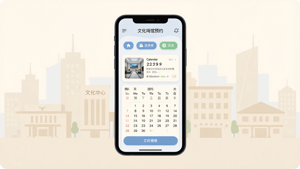 主体为一部智能手机居中展示,屏幕内呈现文化场馆预约界面与活动日历排版,背景为浅色城市文化中心建筑剪影,布局采用居中对称构图,风格为清爽扁平化UI插画,细节包含图标按钮、卡片式信息流与预约日历元素,画质高清干净无多余元素