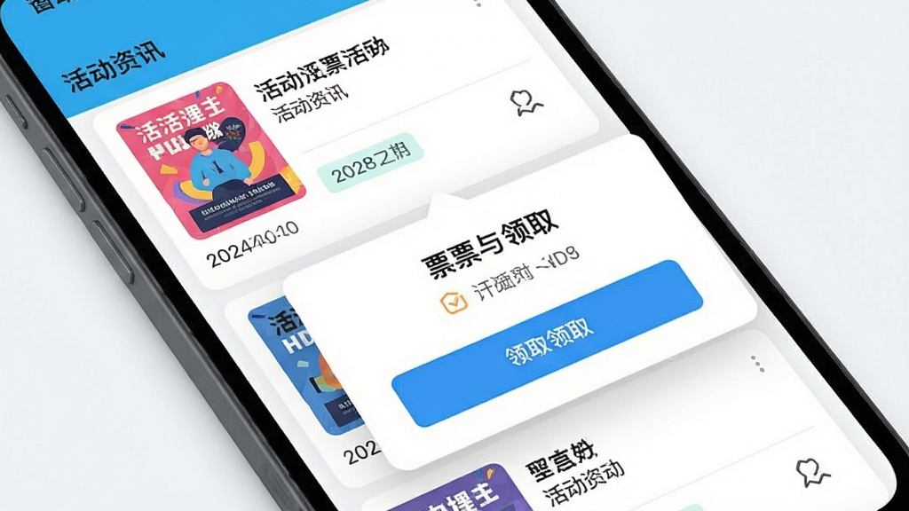 主体为手机界面展示活动资讯卡片流与票务领取弹窗,布局为上下滚动式排版,风格为明快现代扁平风,细节包含活动海报缩略图、日期标签与领取按钮,画质高清干净无多余元素