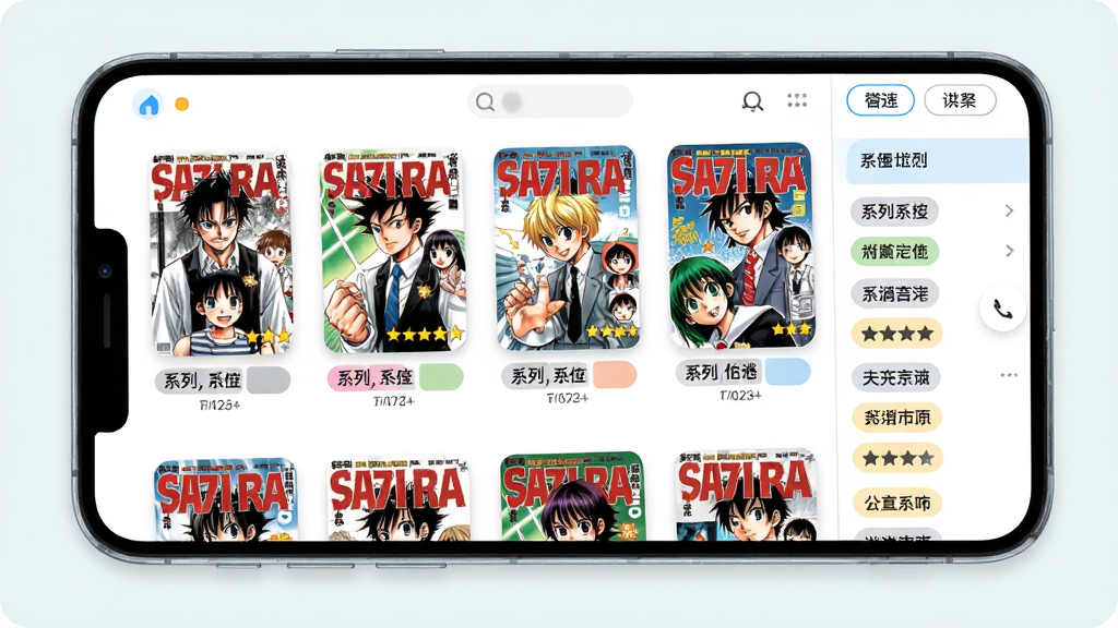 手机屏幕展示漫画书架软件的书架管理界面,多本漫画带有自动生成的封面缩略图,每本书下方显示系列名和卷号标签,界面右侧有标签筛选侧边栏,风格为清新浅色卡片式设计,细节包括封面圆角、标签色块和评分星星图标,画质干净明亮