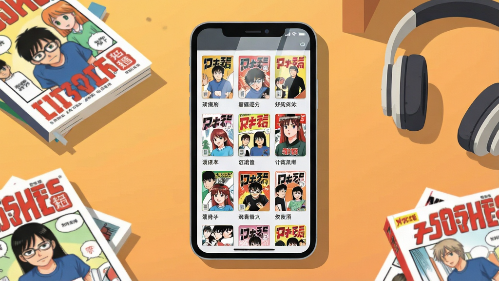 一张展示手机漫画阅读软件界面的场景图,画面中央是一部竖屏智能手机,屏幕上显示着整齐排列的漫画封面网格书架,每个封面下方带有书名标签,手机周围散落着几本纸质漫画书和一副耳机,背景是暖色调的书房桌面,风格为清爽的扁平化插画,细节包括书架阴影、屏幕反光和封面图案,画质清晰干净,无多余装饰元素