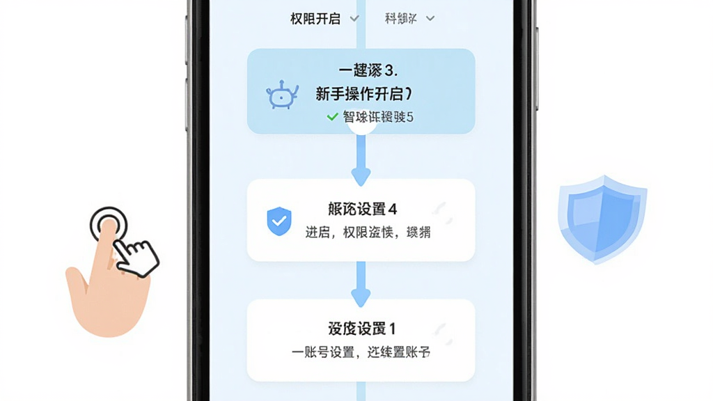智慧猪AI新手操作引导界面,手机屏幕内显示分步引导提示框,包含权限开启和账号设置步骤,布局为纵向步骤条样式,风格为清新浅色扁平设计,细节上屏幕旁有手指点击图标和盾牌安全图标,画质清晰,干净,无多余元素