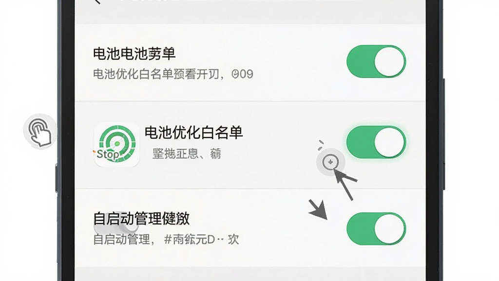 一张展示手机设置界面的示意图,画面为一部安卓手机的设置页面特写,页面中高亮显示电池优化白名单选项和自启动管理开关,旁边有 Stop Tracking 的应用图标,界面文字为中文,布局为手机屏幕居中,背景为纯白色,风格为扁平UI示意图,细节包括开关按钮的绿色高亮状态和手指点击的指示箭头,画质清晰,干净整洁,无多余元素