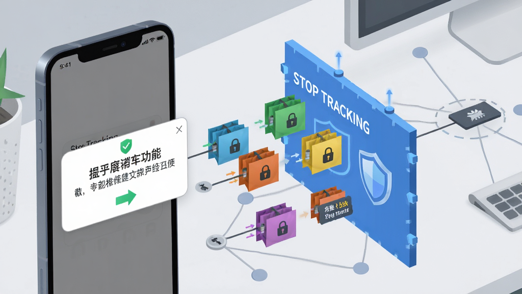 一幅展示 Stop Tracking 拦截功能的场景图,画面左侧是一部手机,屏幕弹出拦截提示窗口,窗口内文字为中文,右侧是一张网络拓扑示意图,若干彩色数据包正试图从手机向外发送,但被一道标有 Stop Tracking 字样的蓝色屏障弹回,屏障上有盾牌标志,背景为浅灰色办公桌面环境,风格为现代科技插画,细节包括数据包上的小锁图标和拦截计数徽章,画质高清,干净利落,无多余装饰